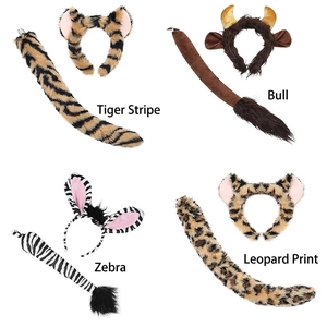 Faux fur animal cosplay set featuring ears headband and tail in tiger and leopard prints