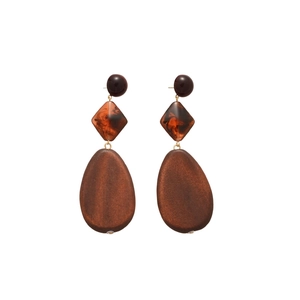 Bohemian style long drop earrings with amber resin and large teardrop wooden pendants