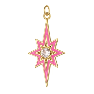 Detailed close-up of a pink enamel octagonal star pendant with a center sparkling zircon