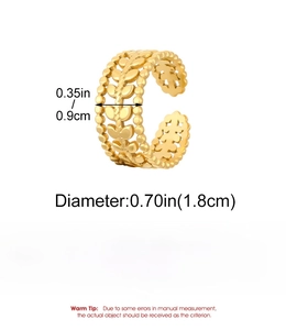 Detail view of gold stainless steel open leaf ring showing width and diameter dimensions