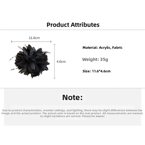 Detailed size chart for black lace flower hair claw clip with feathers and dimensions
