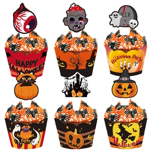 Halloween cupcake toppers and wrappers set featuring spooky graveyard and pumpkin designs