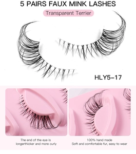 Detail of 5 pairs of faux mink lashes with transparent band and winged eye effect