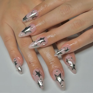 Long Almond Press On Nails Nude Pink Fake Nails With Silver Star Rhinestone Designs Detachable French Tip For Women DIY Manicure
