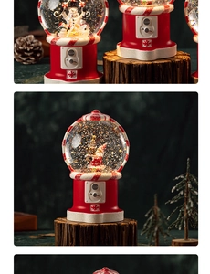 Close-up of a festive Christmas snow globe featuring Santa Claus and a red striped base