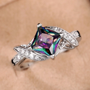Silver ring with square rainbow zircon stone and four-claw setting for party wear