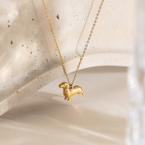 Macro-detail van een gouden teckelhanger aan een gepolijste roestvrijstalen ketting