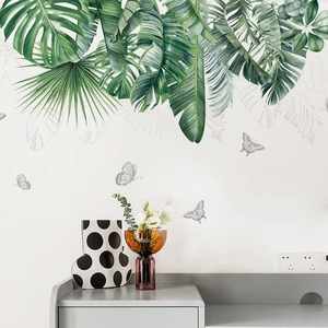 Tropical green monstera leaves and butterfly wall decals for home wall decoration
