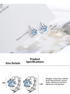 Detailed size specifications for silver cat paw earrings with blue heart zircon