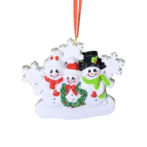 Close-up of resin Christmas snowman family pendant with wreath and snowflake details