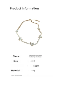 Detail specifications of rhinestone butterfly necklace with 45cm chain and alloy material