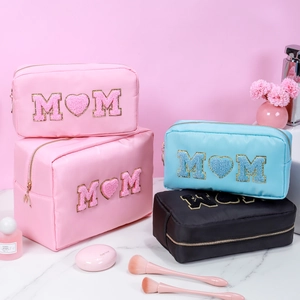 Chenille letter MOM embroidery makeup bag set in pink blue and black colors