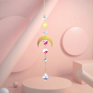 Bohemian crystal sun catcher with gold sun moon charms and colorful faceted beads