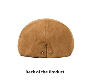 Rear view of brown suede flat cap showing adjustable strap and metallic buckle detail
