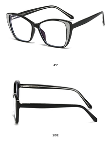 Detailed side and 45-degree views of black cat-eye glasses with silver glitter accents
