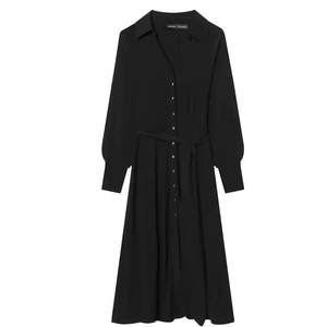 Elegant black long-sleeved shirt dress with lapel collar and waist belt on white background