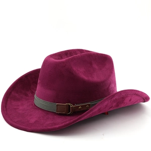 Detail of burgundy suede western cowboy hat with grey woven band and leather buckle