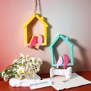 Bird house decorative wooden hanging ornaments with jute rope for home wall decor
