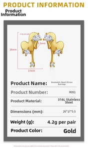 Detailed size specifications of gold 316L stainless steel heart earrings with zircons