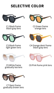 Detailed grid of geometric hexagon sunglasses showing multiple stylish frame color options