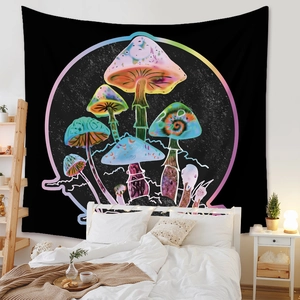 Detail view of colorful psychedelic mushroom tapestry hanging in a cozy boho bedroom setting