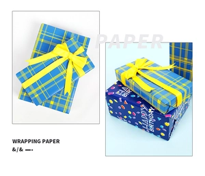 Détails du papier cadeau à carreaux bleus et motifs géométriques Happy Birthday