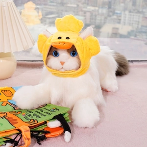 Detail of plush cat toy wearing a yellow duck hat on a pink soft mat in home setting