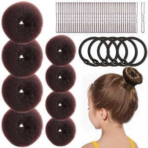 Hair styling tool set including brown bun makers, U-shaped pins, and elastic ties