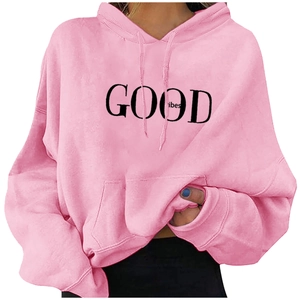 Men's Hoodie Good Vibes Letter Print Polyester Long Sleeve Drawstring Oversized Streetwear Pullover Sweatshirt With Pocket