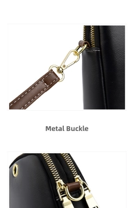Detail of lychee pattern black leather bag featuring golden hardware and brown strap