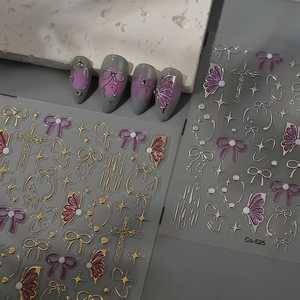 3D 5D embossed nail art stickers with purple butterflies and golden bows Co-525