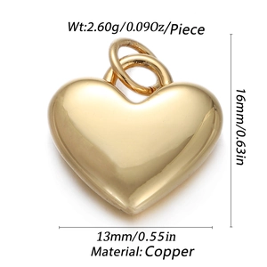 Detailed view of a gold heart pendant with dimensions 16mm x 13mm and copper material