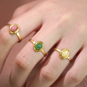 French Vintage Stainless Steel Open Ring With Natural Stone Gold Plated Adjustable Geometric Oval Gemstone Ring For Women Jewelry
