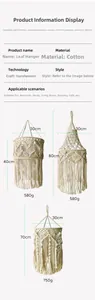 Detail of bohemian hand-woven cotton lamp shade tapestry with tassel fringe and size data