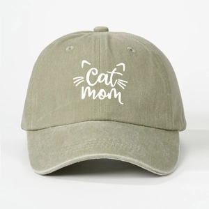 Close-up of Cat Mom embroidery and cat whiskers on khaki washed cotton baseball cap