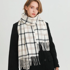 Classic cream plaid cashmere scarf with black and camel stripes and stylish tassels