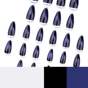 Faux ongles amande bleu foncé avec bordure argentée métallique et fini brillant