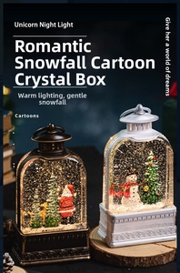 Detail of Christmas lanterns with warm LED lighting and animated swirling snow effects