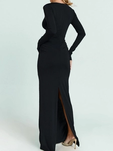 Elegant black long sleeve ruched maxi dress with back slit for slimming evening wear