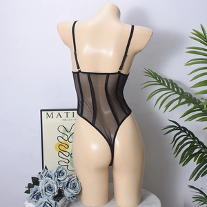 Detail of sheer mesh bodysuit back with vertical support bones and adjustable straps