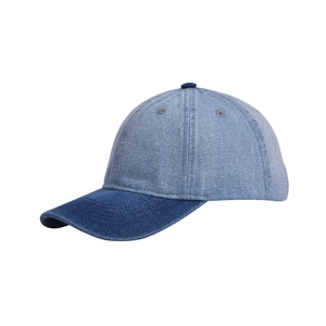 Close-up of two-tone washed denim baseball cap with contrast brim and reinforced stitching
