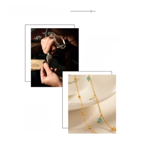Detailed view of 18K gold-plated beaded anklet with turquoise and plasma electro-polished finish