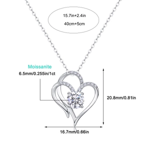 925 silver double heart pendant necklace with 1ct moissanite and detailed dimensions
