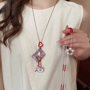 Vintage Sweet Long Pendant Necklace Resin Alloy Flower Cartoon Cat Motif Colorful Beads Heart Buckle Charm For Women