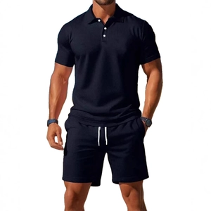 Men's navy casual polo shirt and drawstring shorts two-piece set in breathable piqué fabric