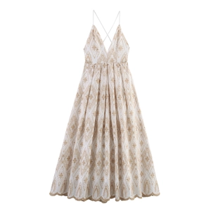 Bohemian white cotton maxi dress with light brown geometric embroidery and backless design