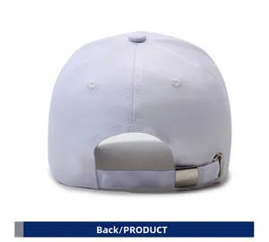 Rear view of white outdoor baseball cap featuring adjustable metal buckle strap