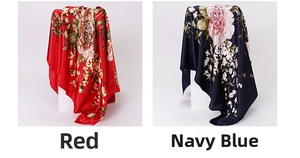 Detailed comparison of red peony and navy floral patterns on luxury satin silk square scarves
