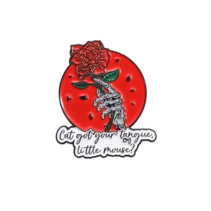 Gothic skull hand holding red rose enamel brooch with moon and artistic text