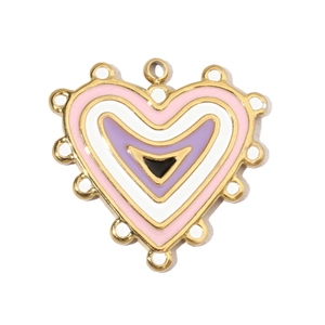 Detailed view of heart-shaped pendants with concentric pink, purple, and black enamel patterns